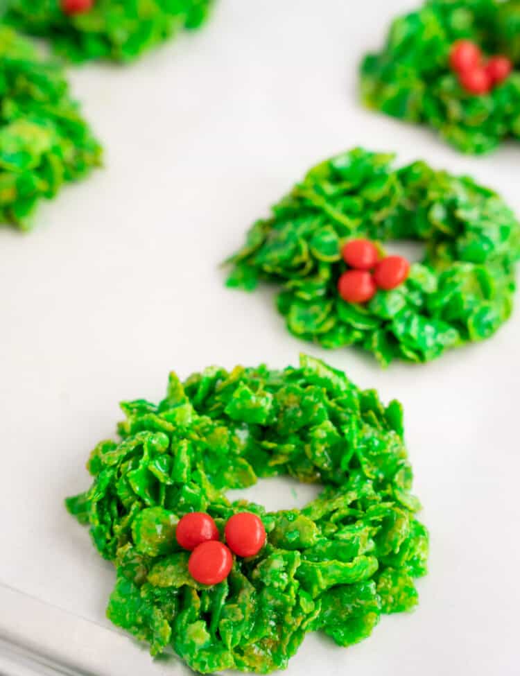 Sheet pan with cornflake Christmas wreaths and red hots
