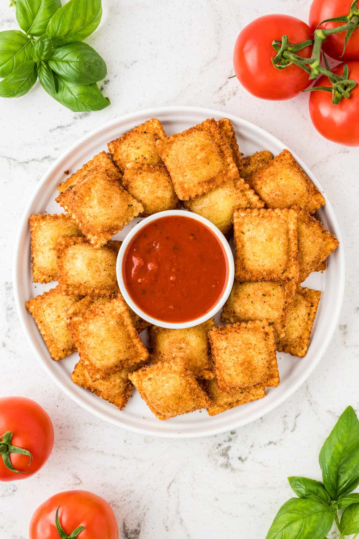 Toasted Ravioli with Marinara Overhead on Plate