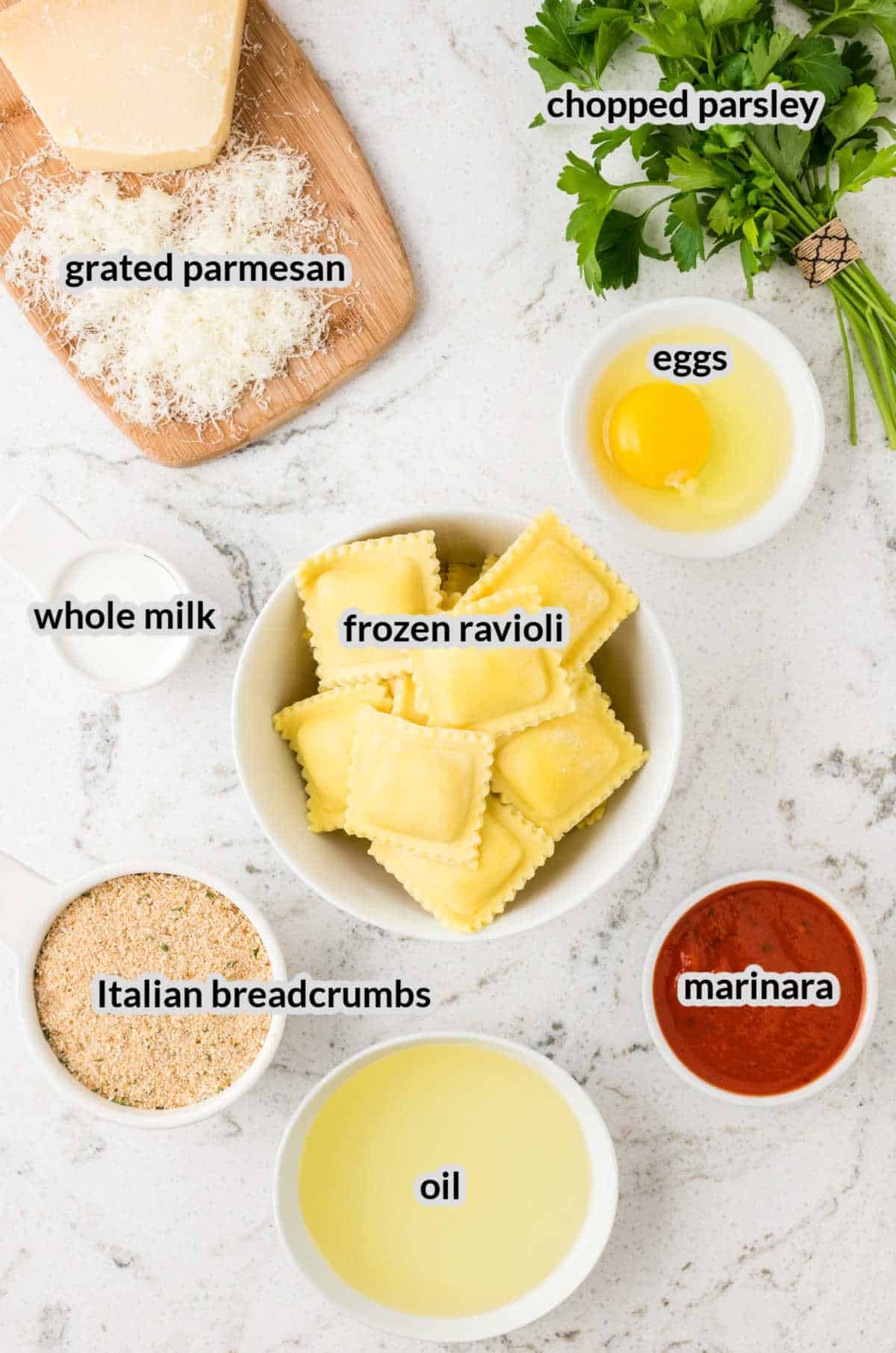 Overhead Image of Fried Ravioli Ingredients