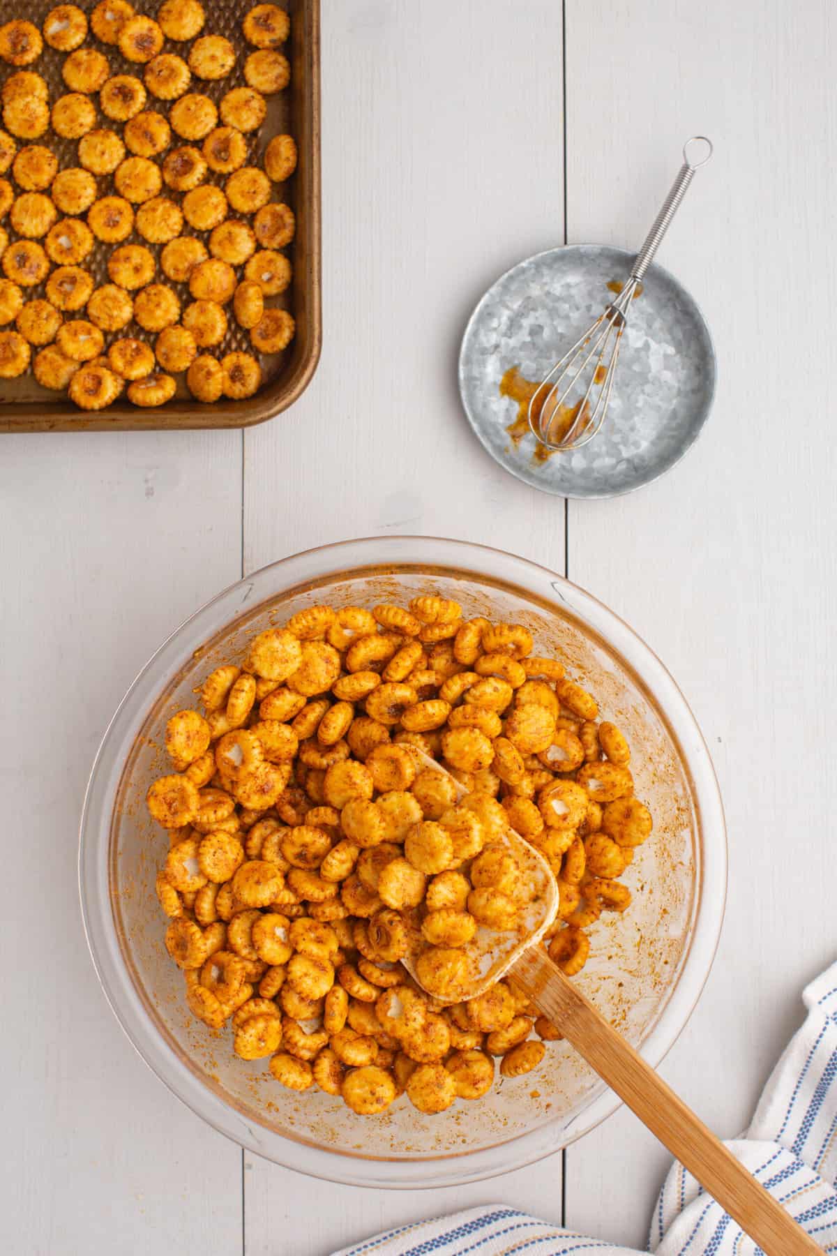 Taco Oyster Crackers with Seasoning Mixed with Oyster Crackers in Bowl Before Baking