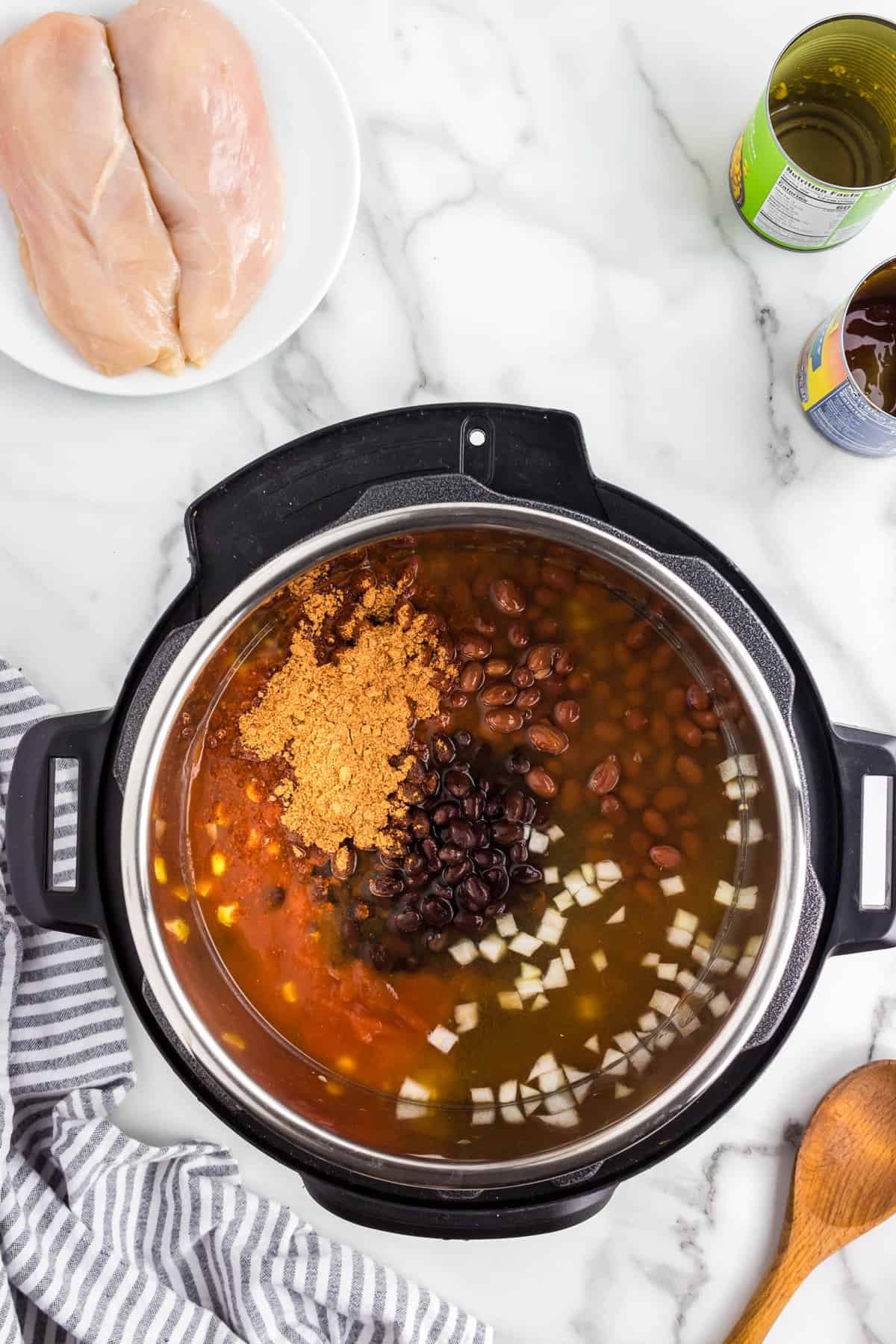 Overhead Image of Instant Pot Chicken Taco Soup Ingredients Prior to Cooking