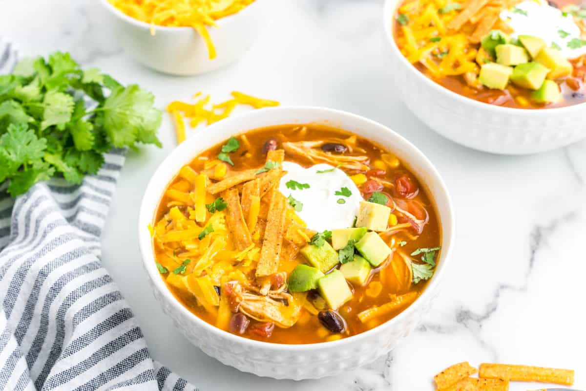 Quick 30-Minute Instant Pot Chicken Taco Soup in White Bowl with Toppings