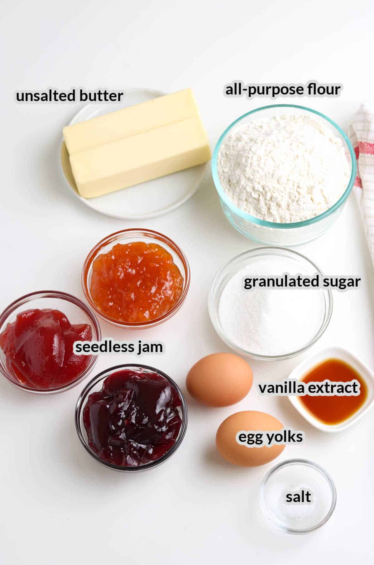 Overhead Image of Jam Thumbprint Cookies Ingredients