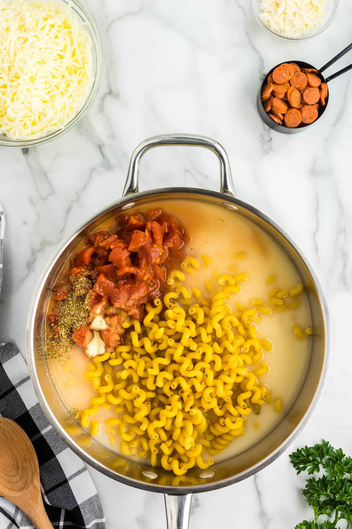 Large pot of pasta, broth, tomatoes, garlic powder, oregano, and milk