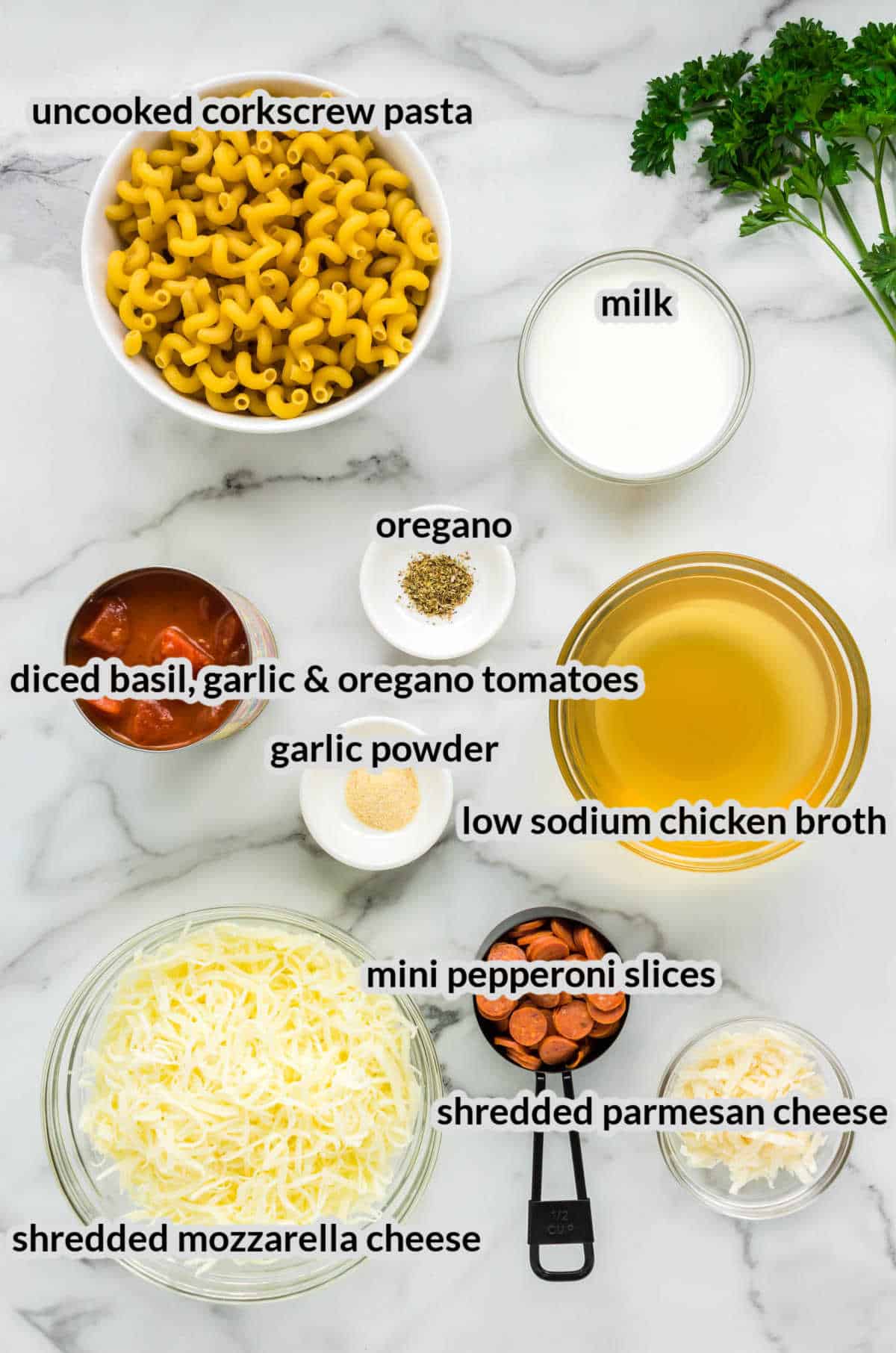 Overhead Image of One Pot Pizza Pasta Ingredients