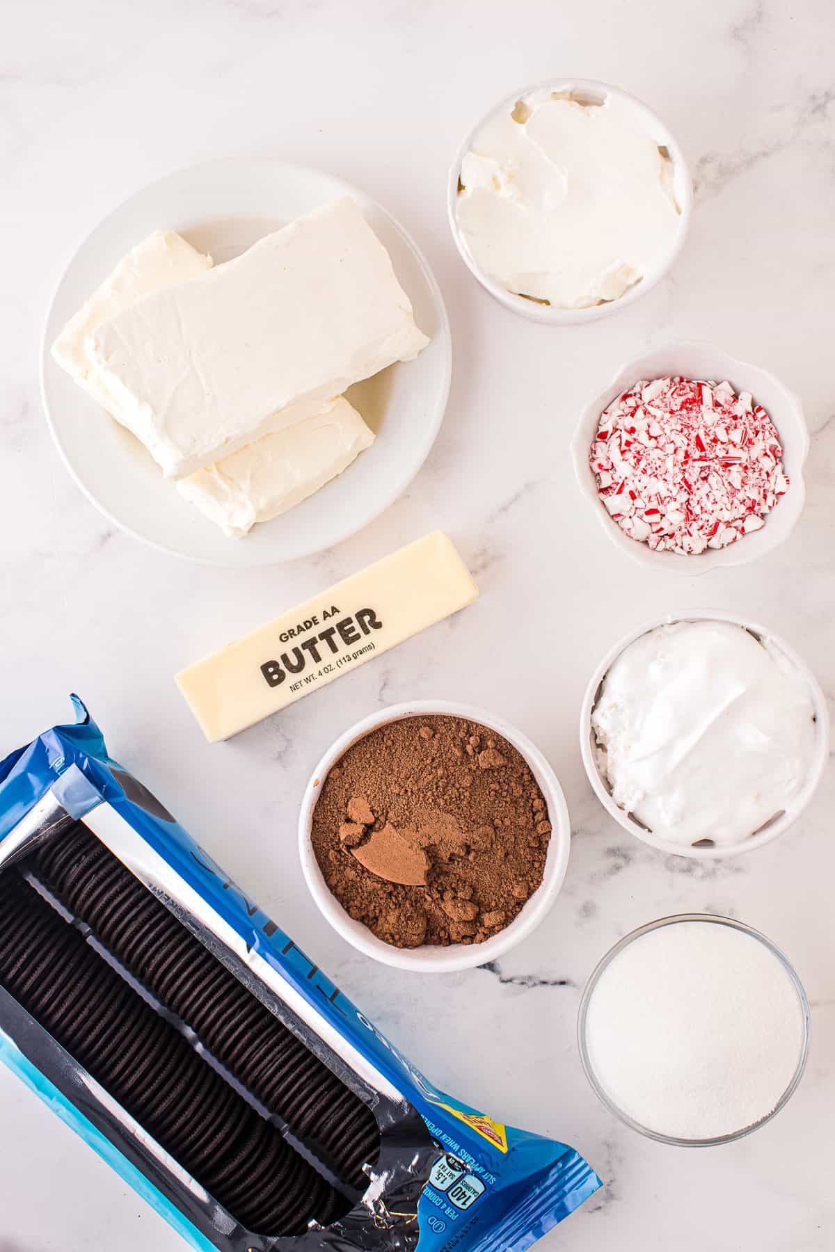 Overhead image of Peppermint Cheesecake Ingredients