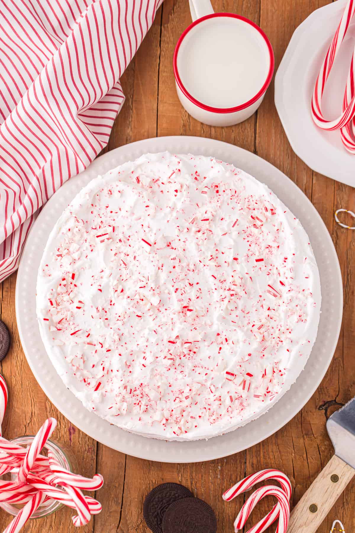 Overhead image of peppermint chocolate cheesecake