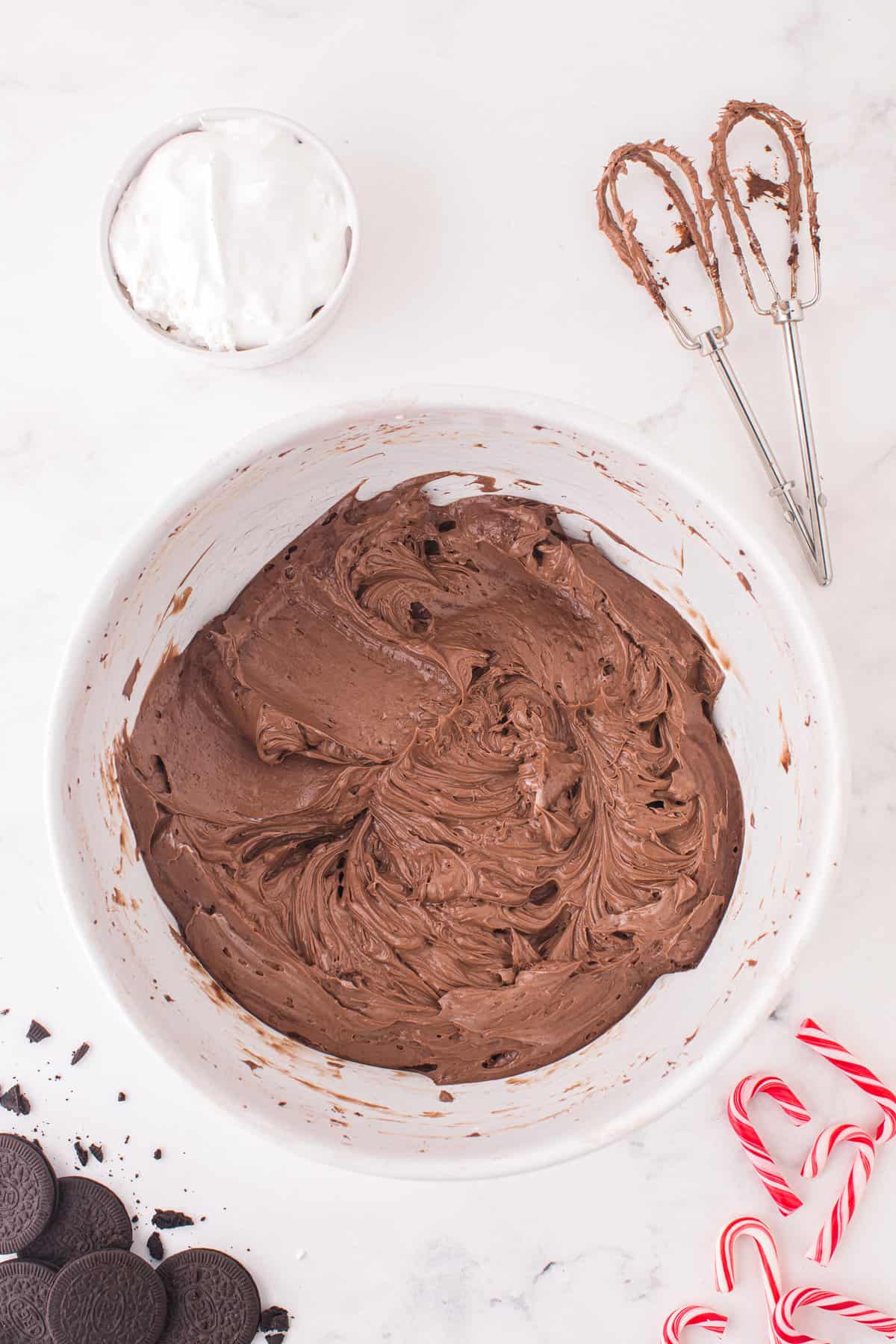 No Bake Chocolate cheesecake filling in bowl