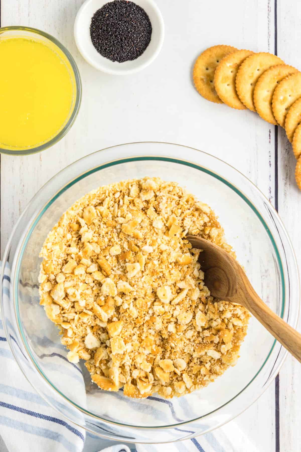 Crushed Ritz crackers in bowl