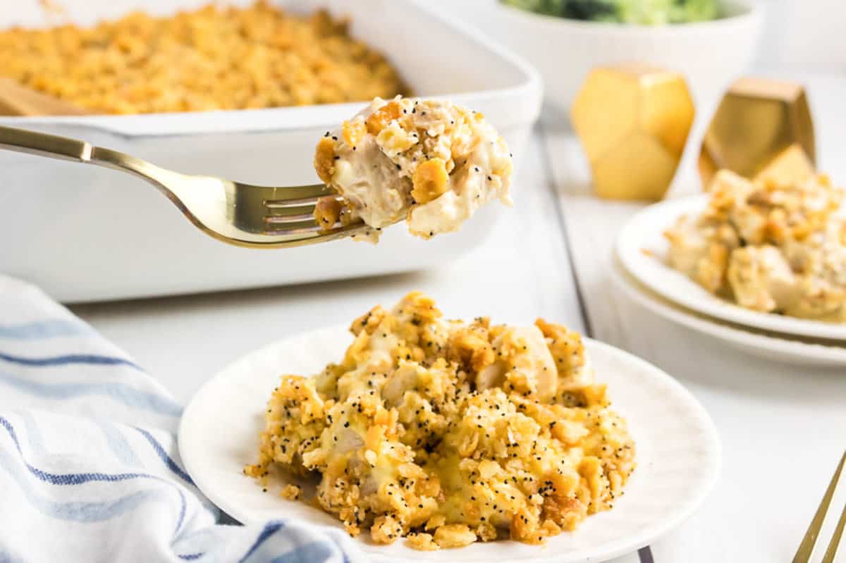 Poppy Seed Chicken Casserole on white plate