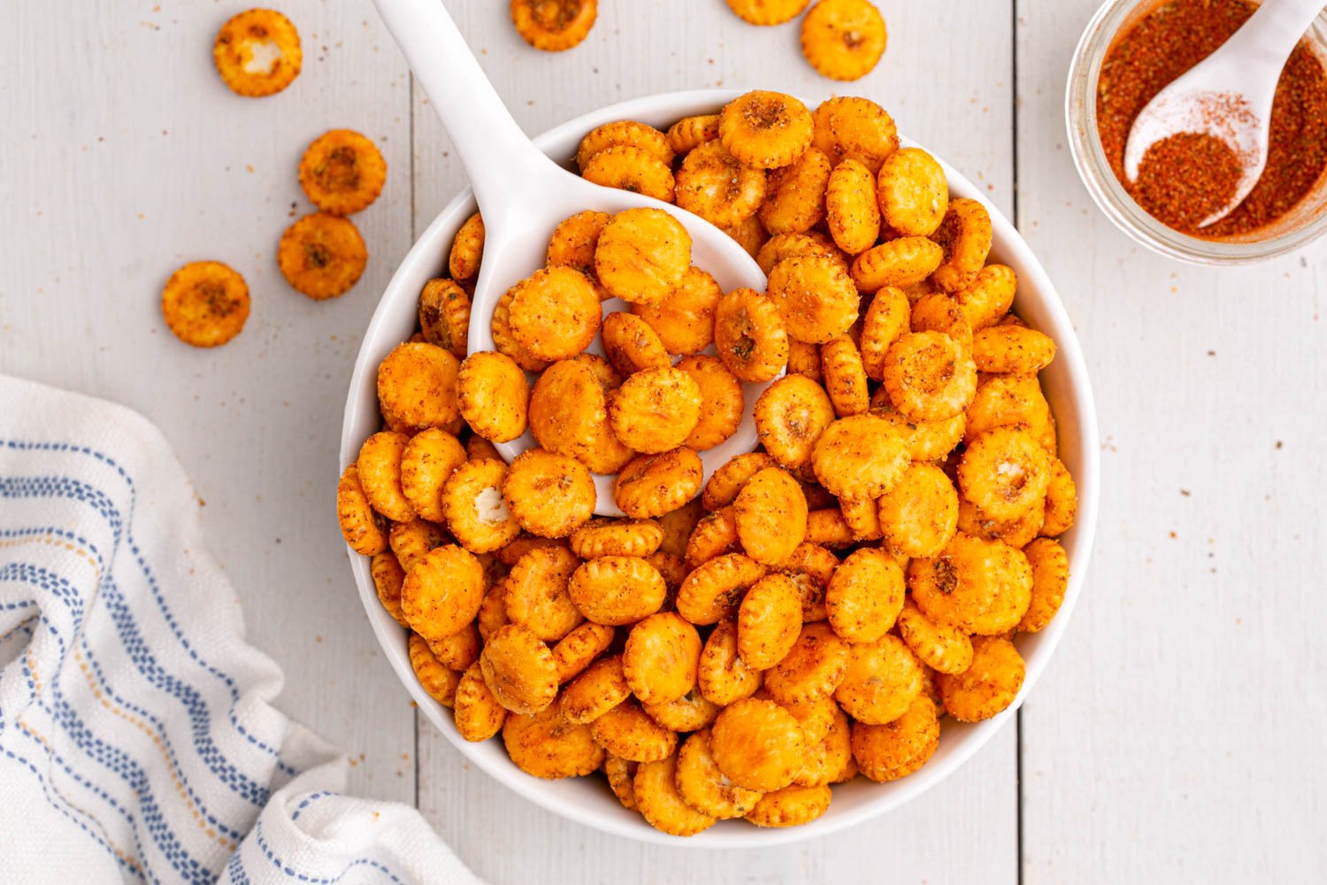 White bowl with seasoned oyster crackers