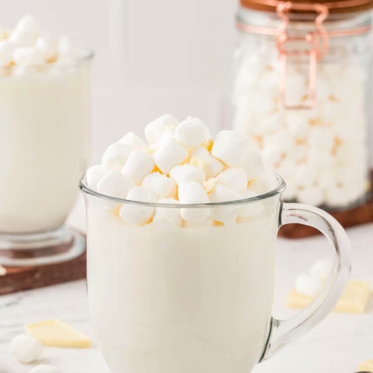White Hot Chocolate in glass mug with mini marshmallows