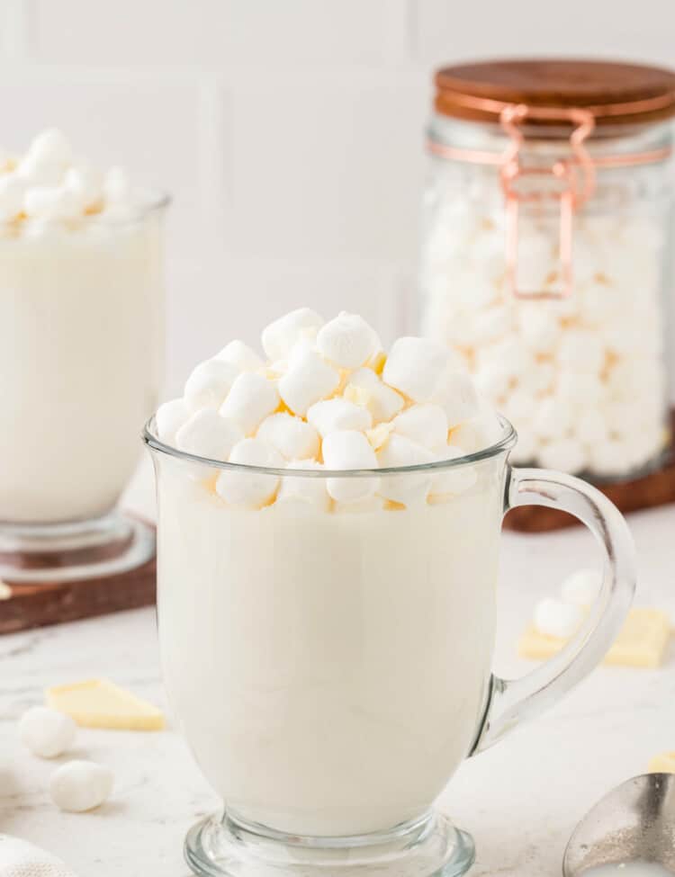 White Hot Chocolate in glass mug with mini marshmallows