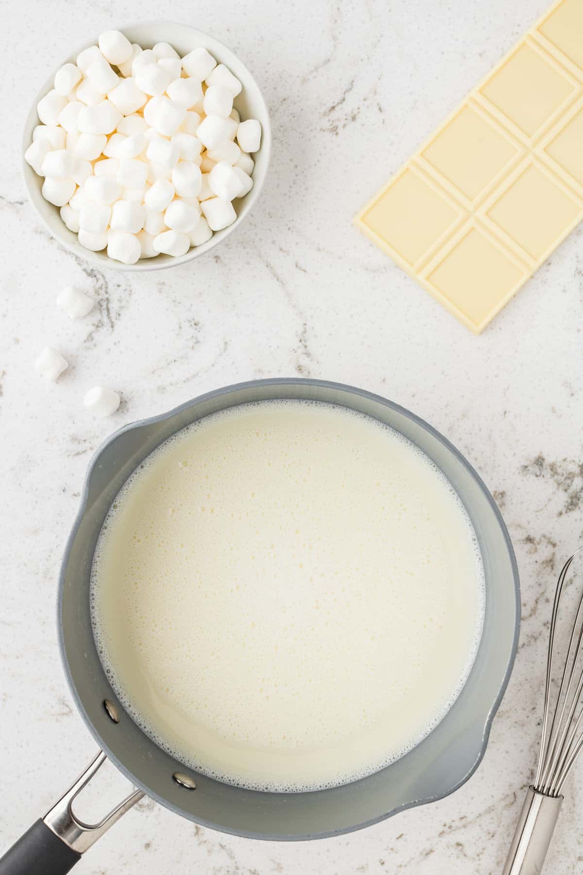 Saucepan with homemade white hot chocolate