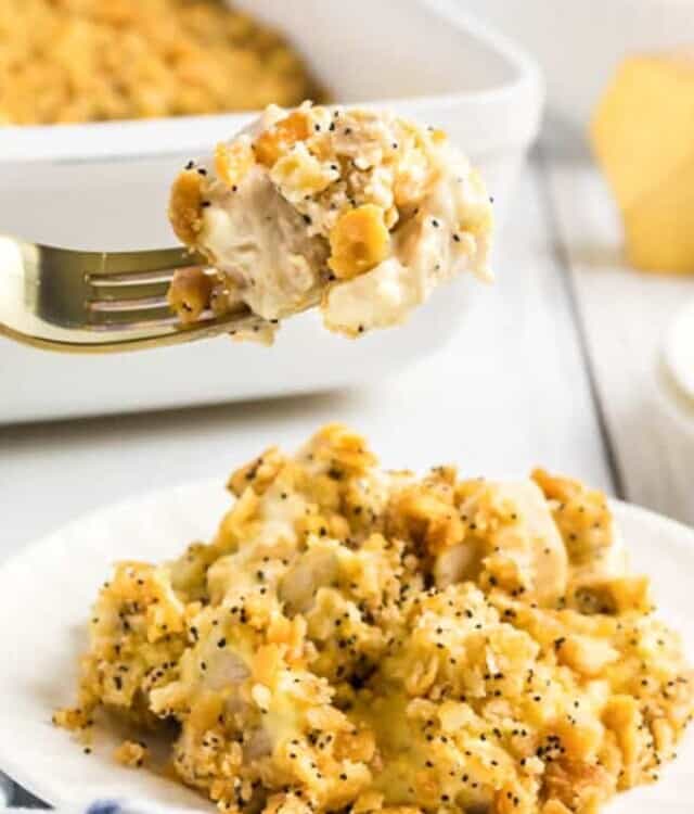 Poppy Seed Chicken Casserole on white plate