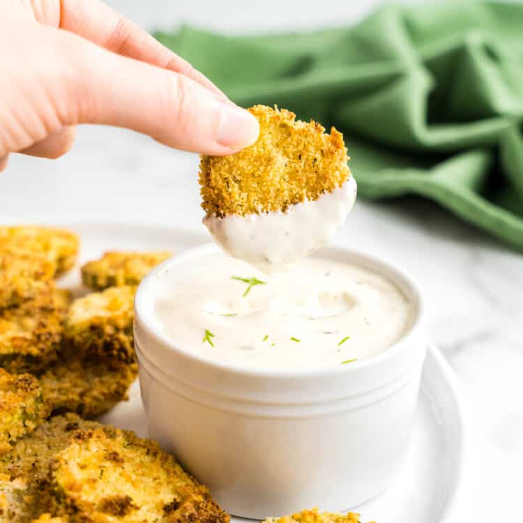 Air Fryer Pickle Chips on Plate with Ranch Dipping Sauce