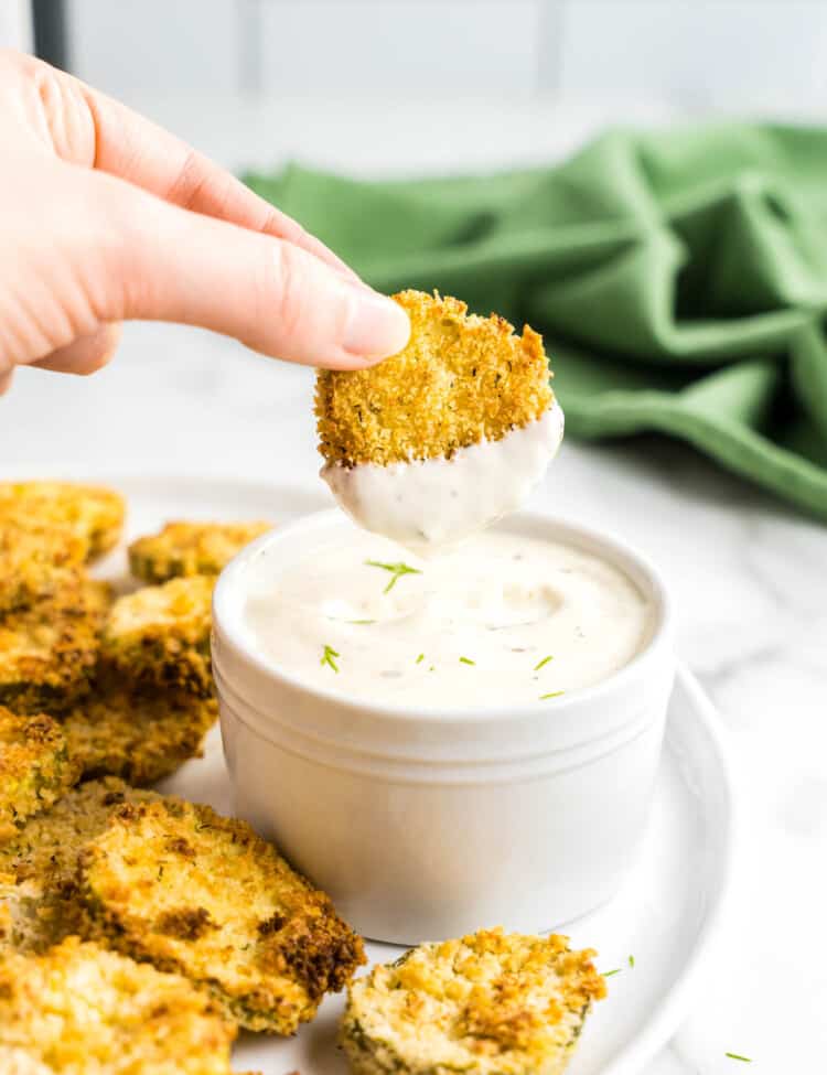 Air Fryer Pickle Chips on Plate with Ranch Dipping Sauce