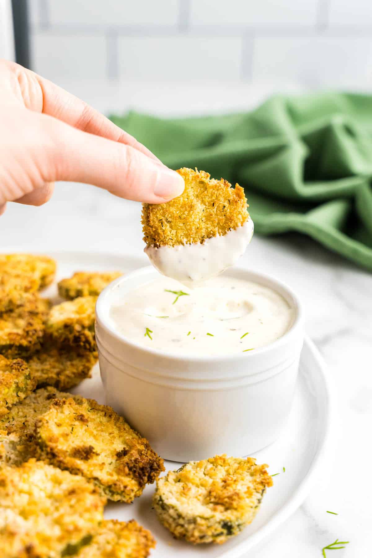 Air Fryer Pickle Chips on Plate with Ranch Dipping Sauce