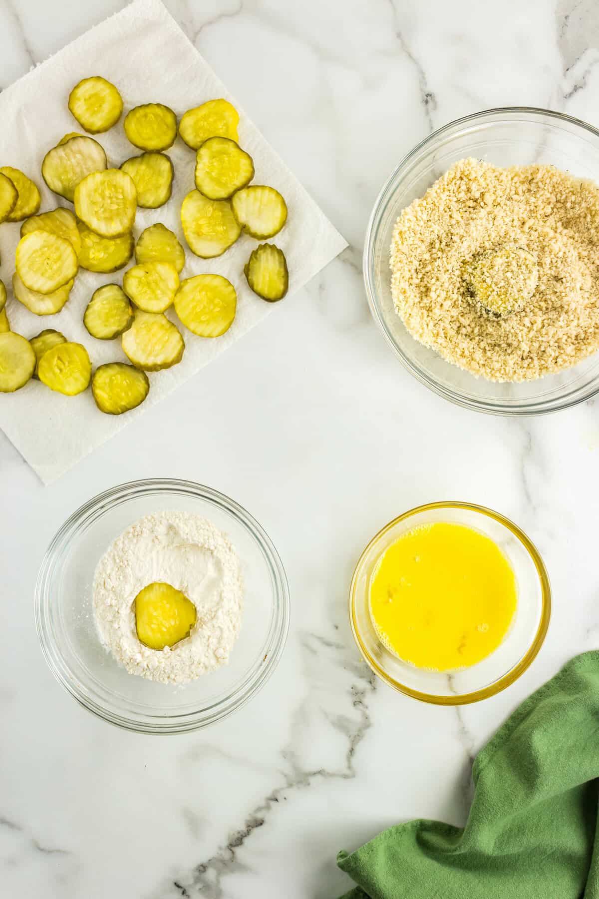 Coating Thick Pickle Slice in Flour & Seasoning for Air Fryer Pickle Chip Recipe