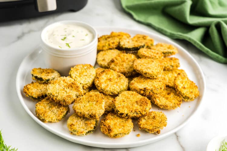 Fried Pickles in Air Fryer with Ranch Dipping Sauce in Bowl