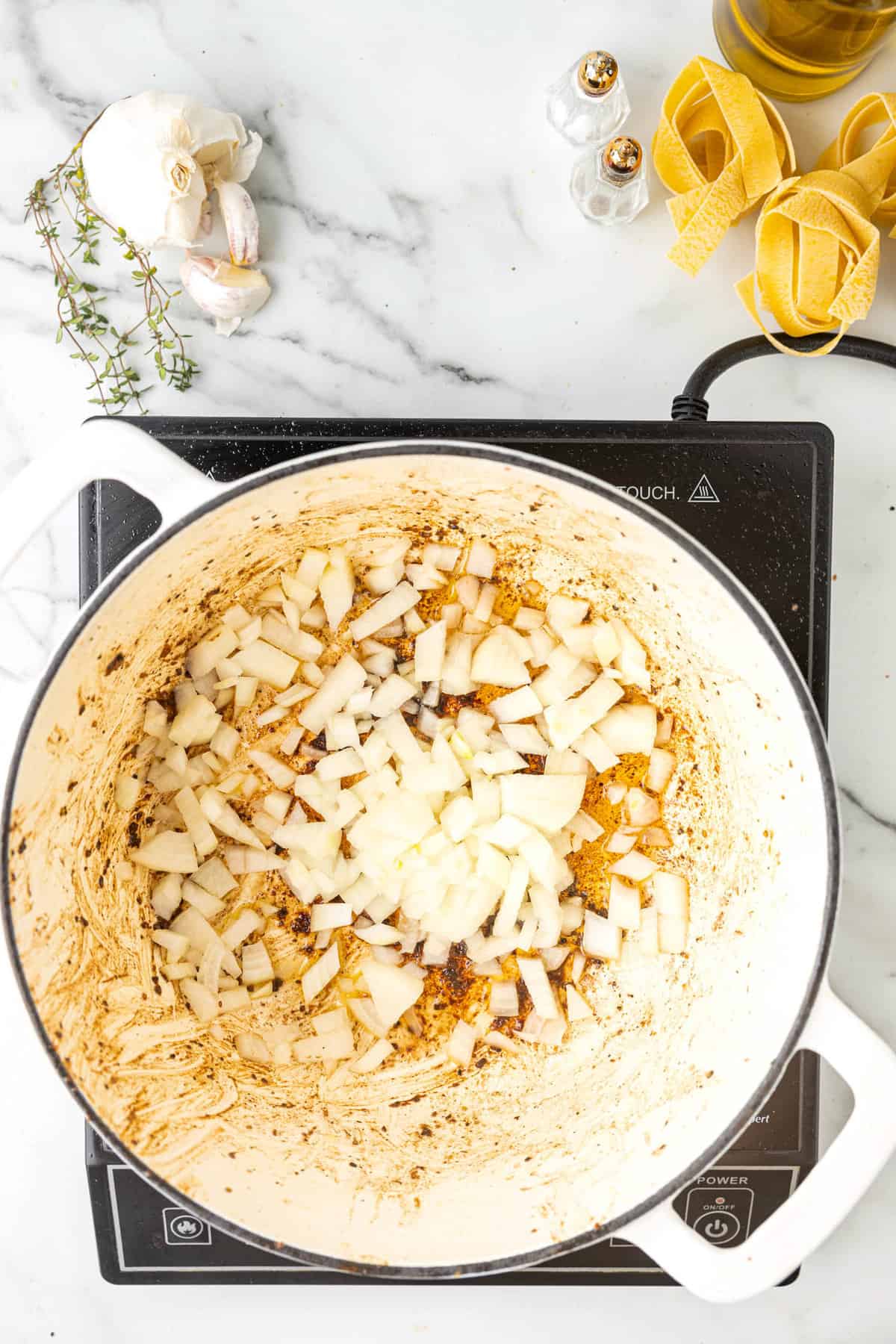 Using Dutch Oven to Saute Onions & Garlic for Ragu Pasta Sauce