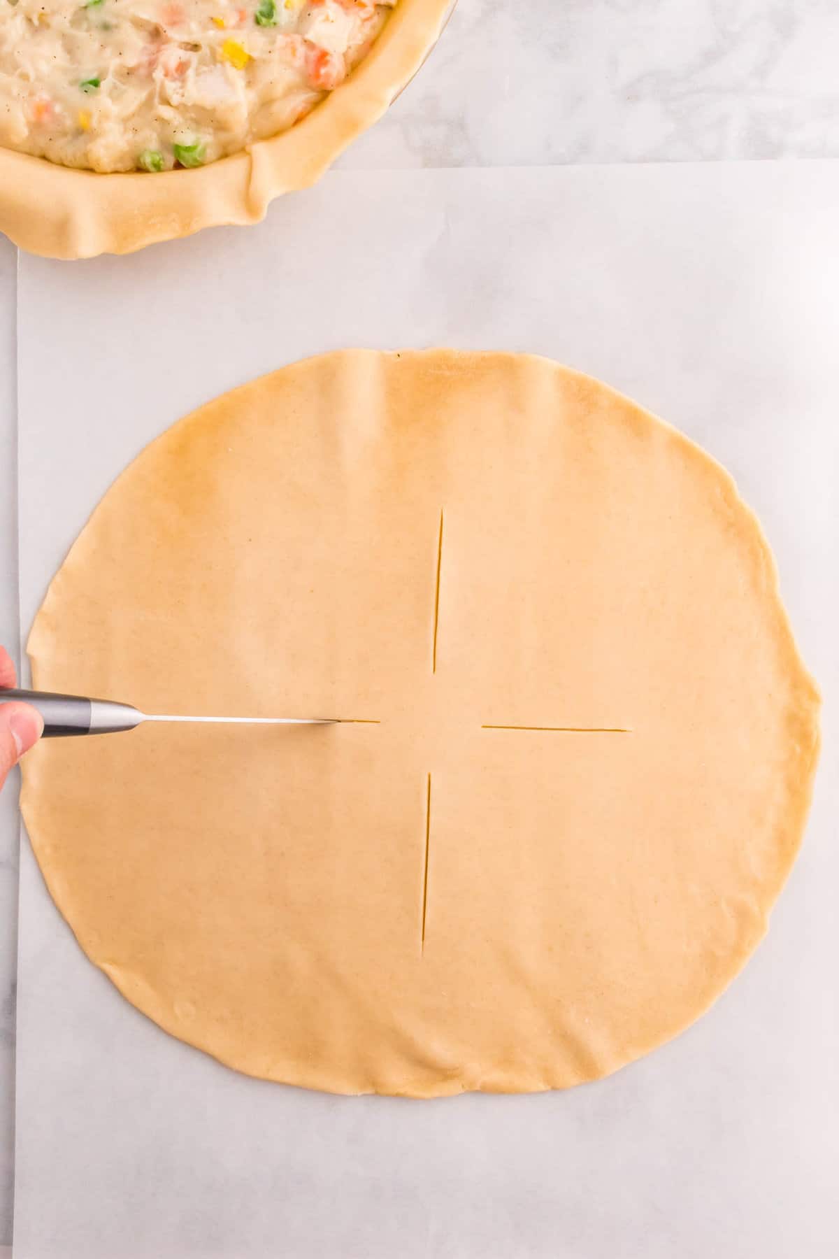 Chicken Pot Pie Top Crust Scored with Knife Prior to Baking