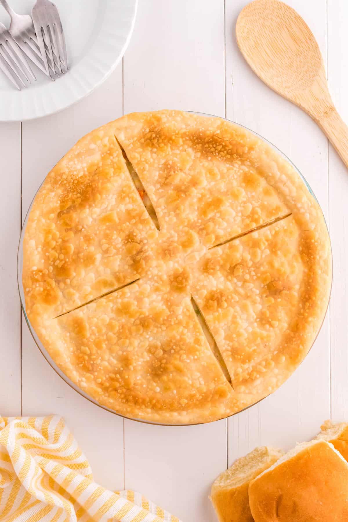Overhead Image of Baked Chicken Pot Pie with a Golden Brown Flakey Crust
