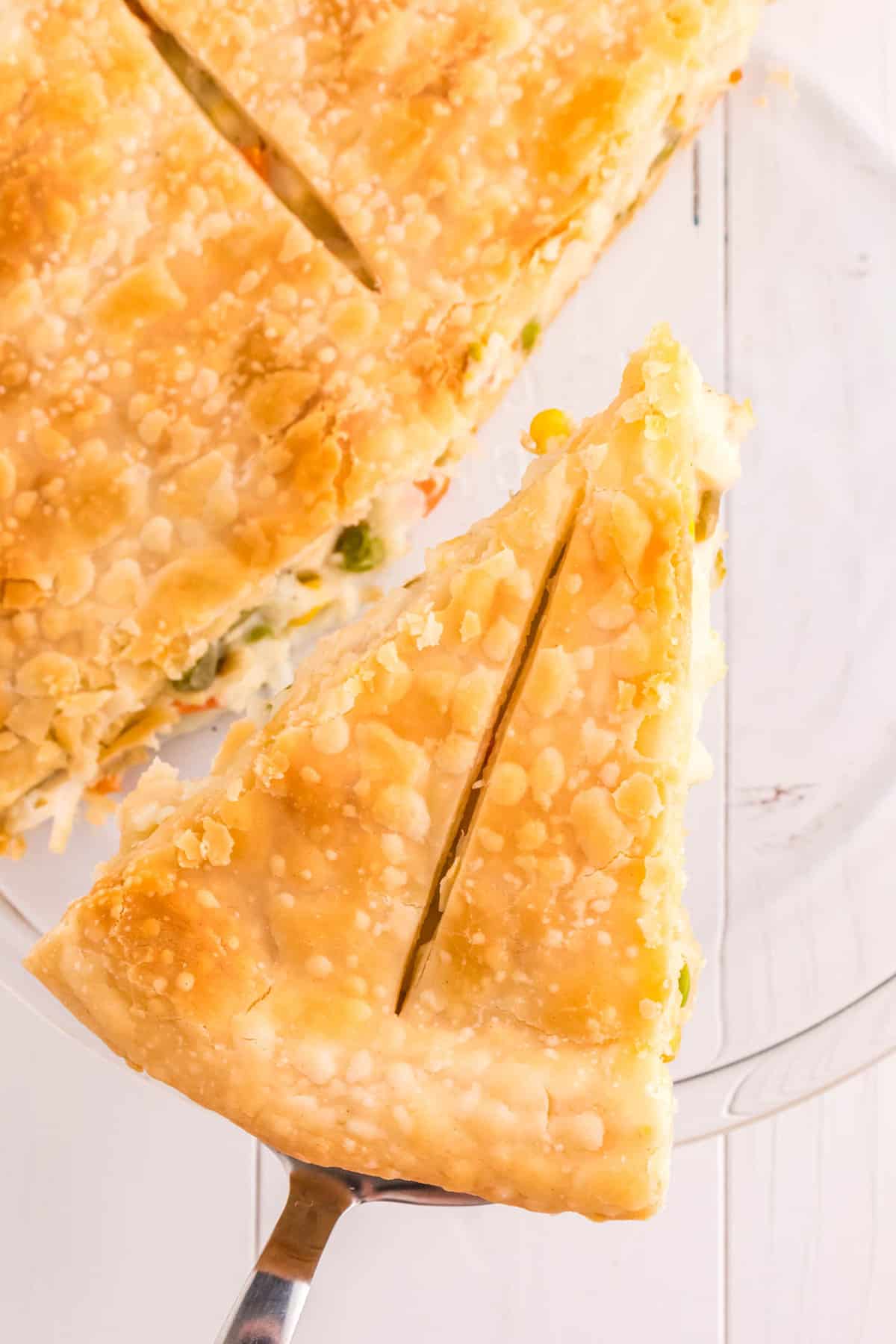 Baked Chicken Pot Pie Slice Overhead Image