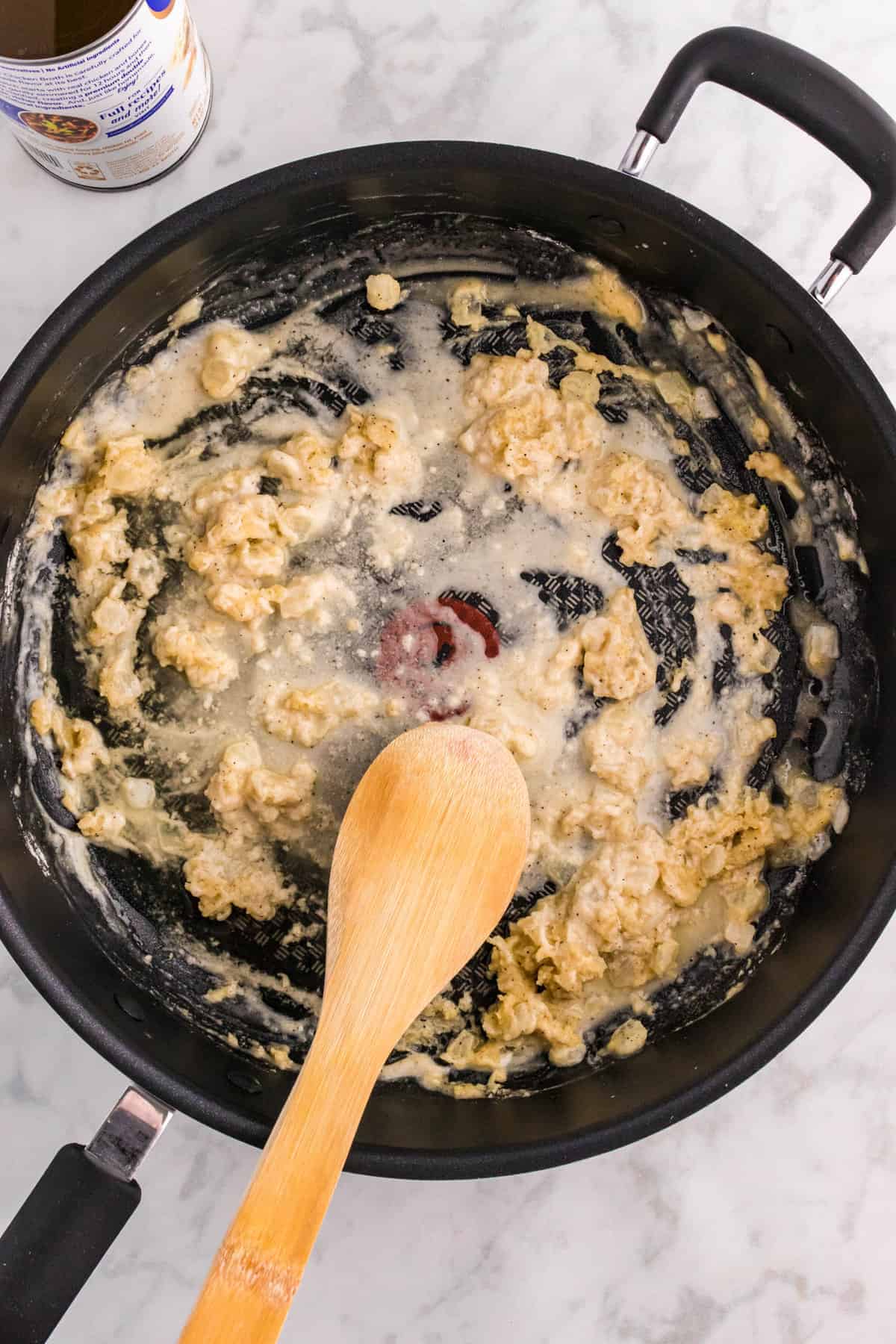 Overhead Image of Skillet Mixing for Chicken Pot PIe Recipe