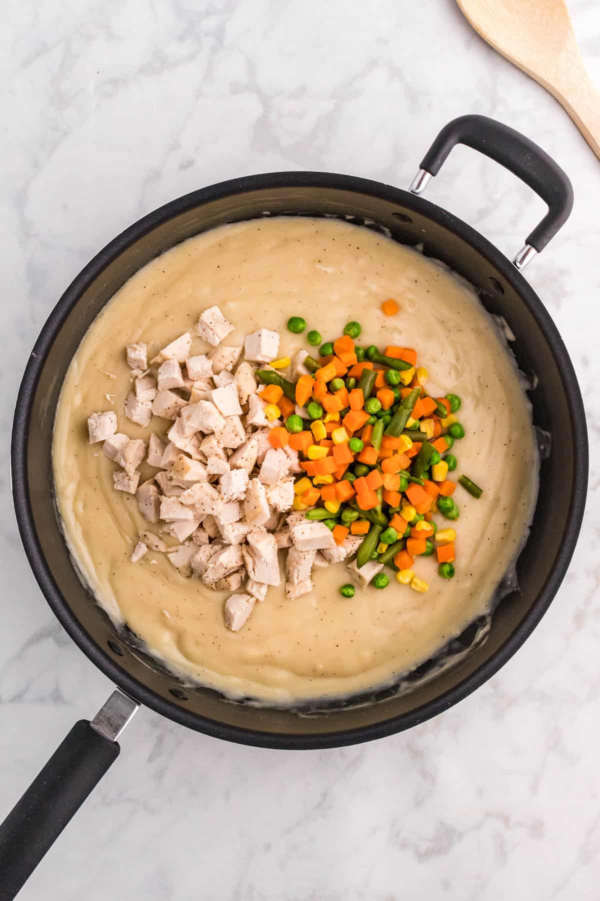 Adding Chicken and Vegetables to Skillet for Chicken Pot Pie Recipe