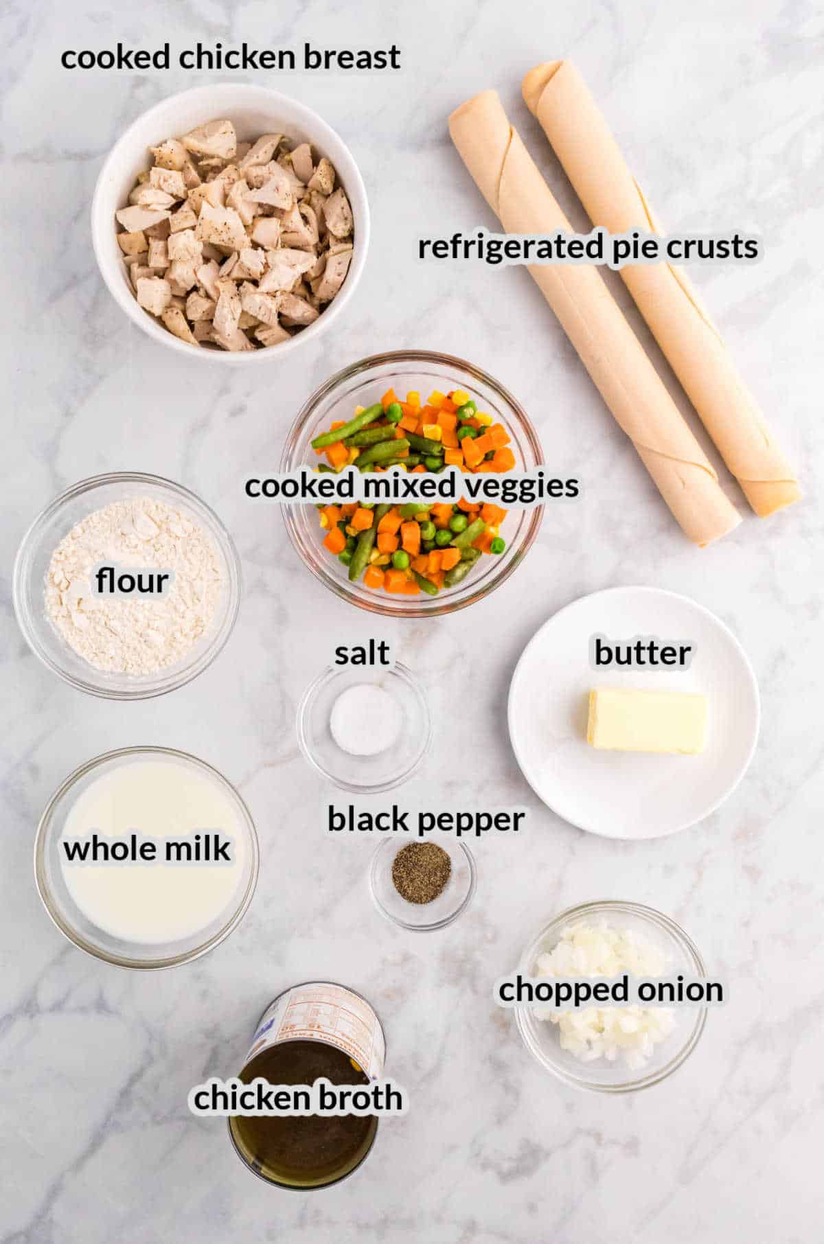 Overhead Image of Chicken Pot Pie Ingredients