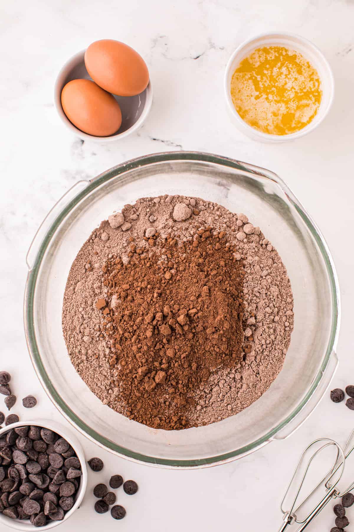 Cake Mix Chocolate Cookies with Dry Ingredients in Clear Bowl