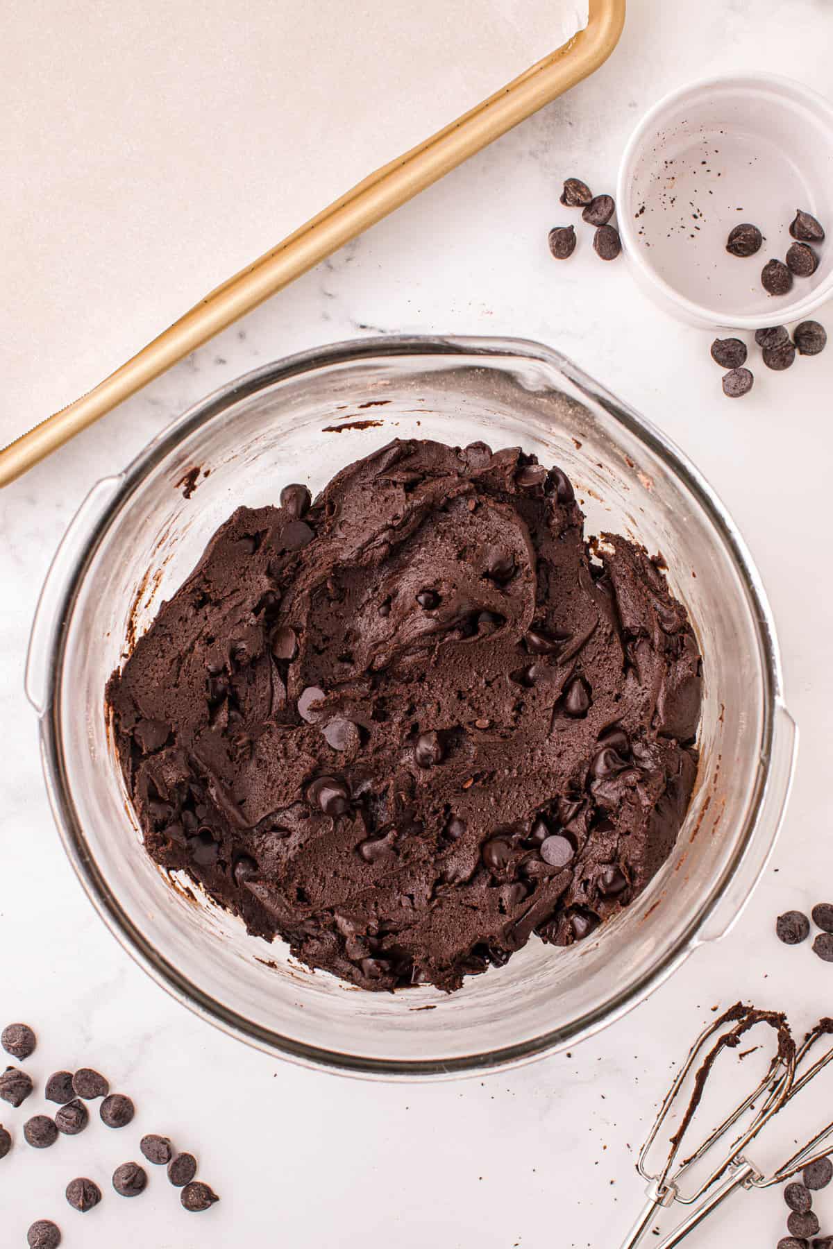Mixed Cake Mix Chocolate Cookie Ingredients in Clear Bowl