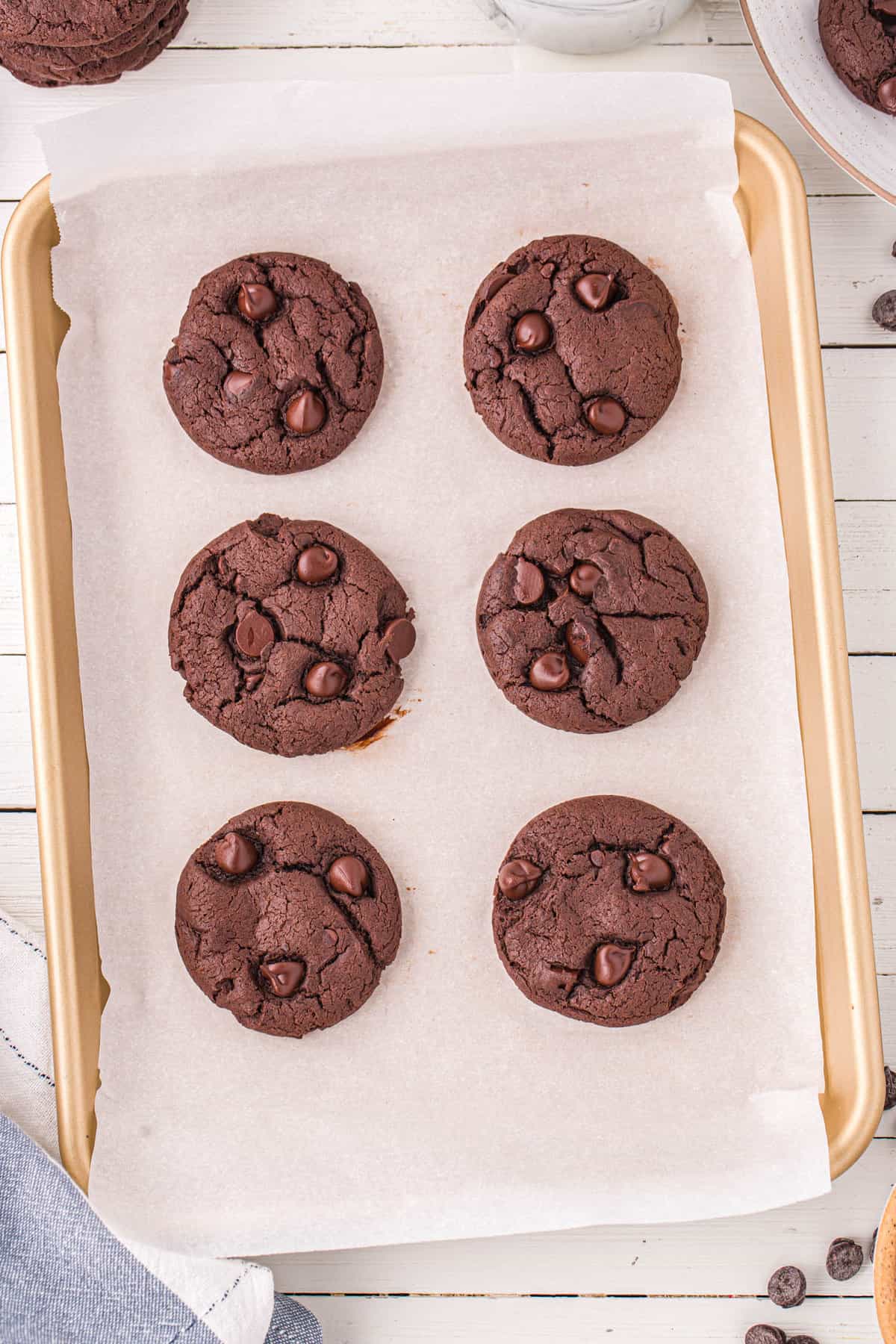 Cake Mix Chocolate Cookies Overhead on Pan Out of the Oven