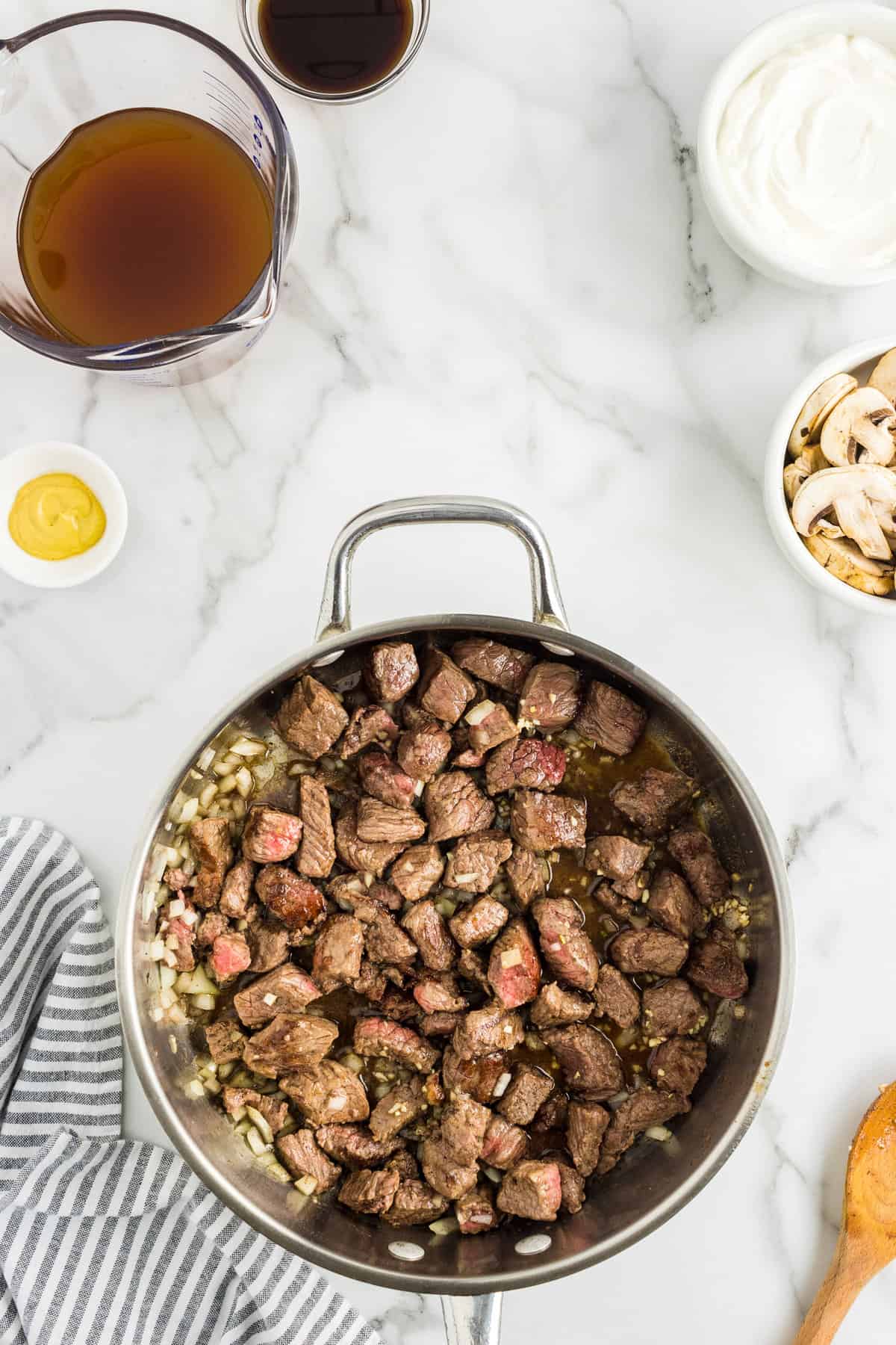 Skillet with beef stew meat