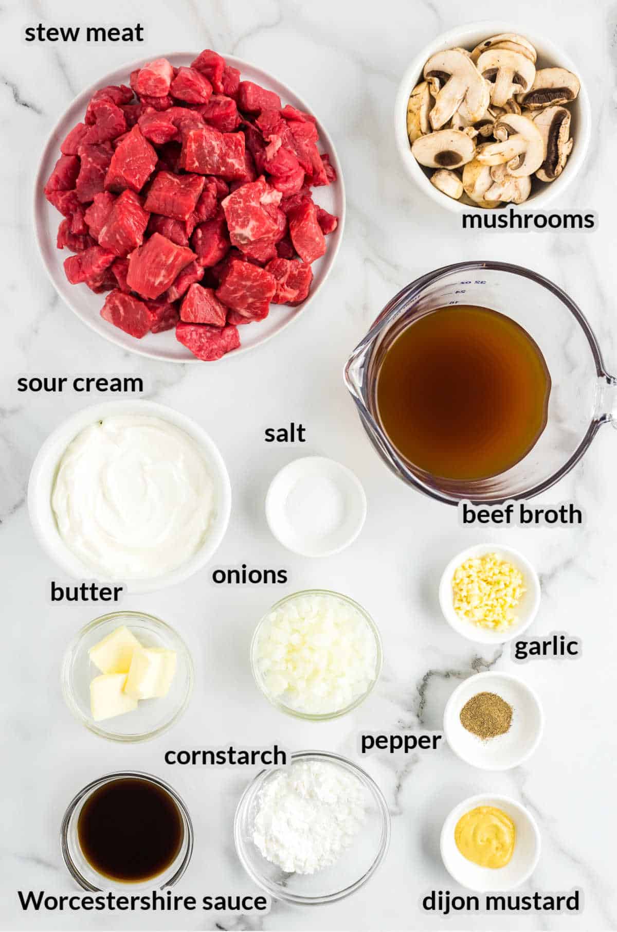Overhead Image of Crock Pot Beef Stroganoff Ingredients