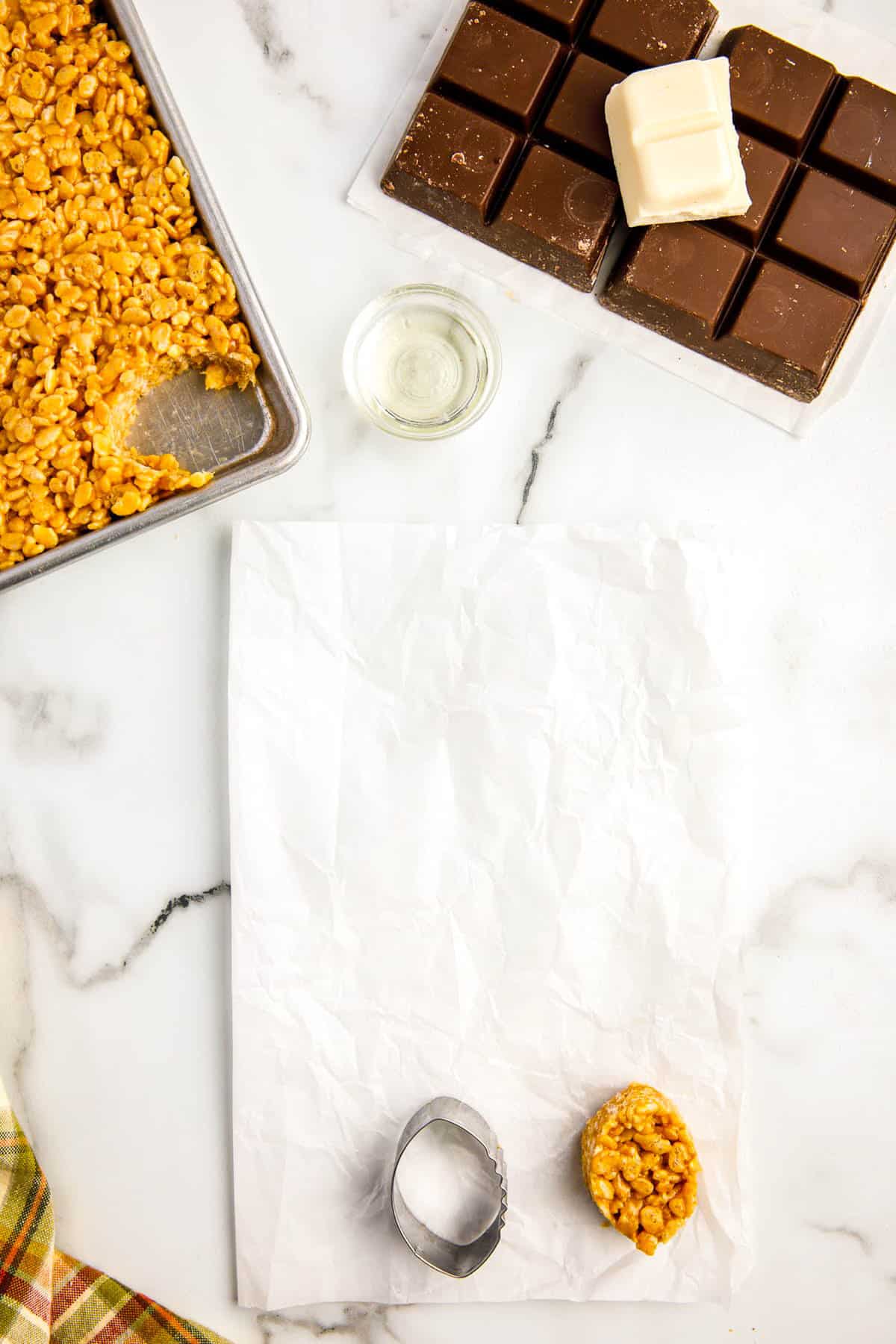 Overhead image of football shaped treat on wax paper.