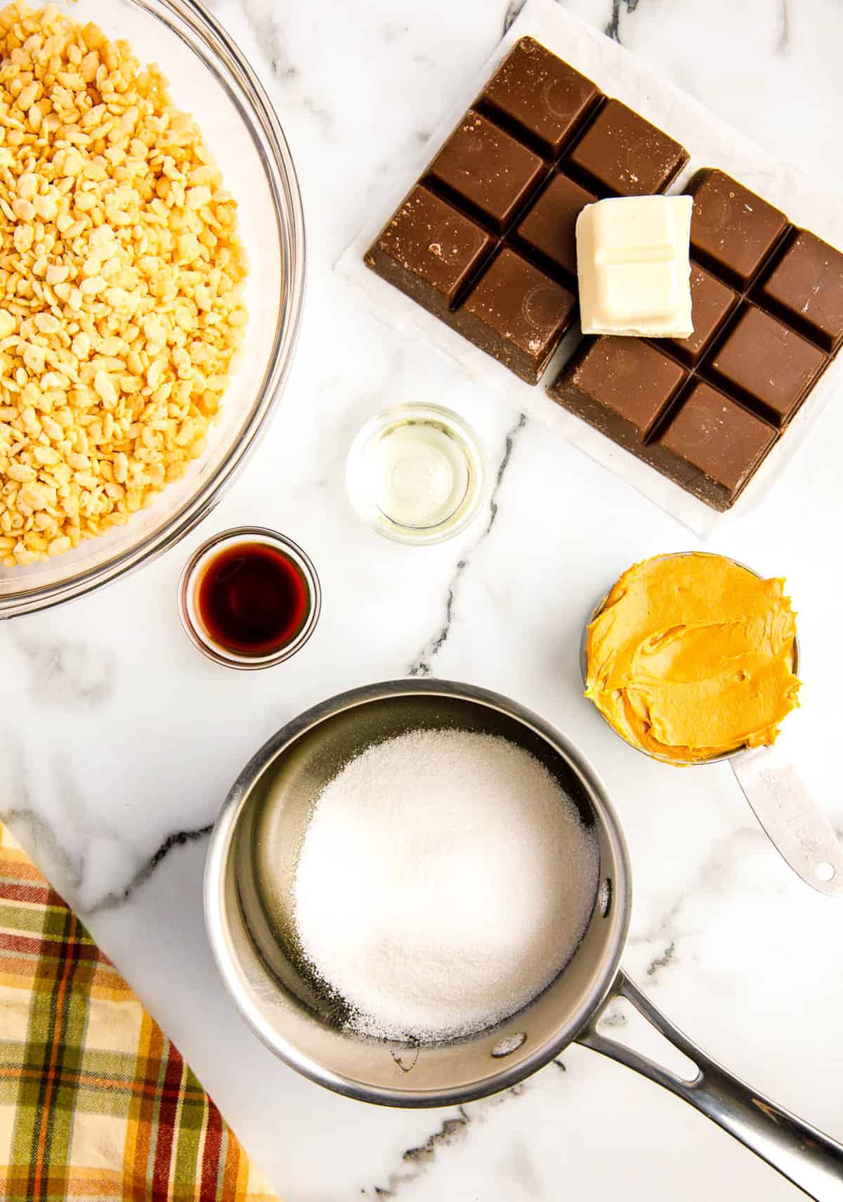 Overhead Image of Football Scotcheroos with Sugar in Saucepan