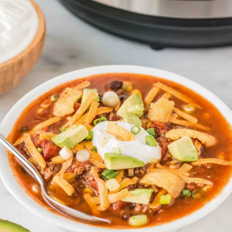 Instant Pot Taco Soup in Bowl with the Fixings