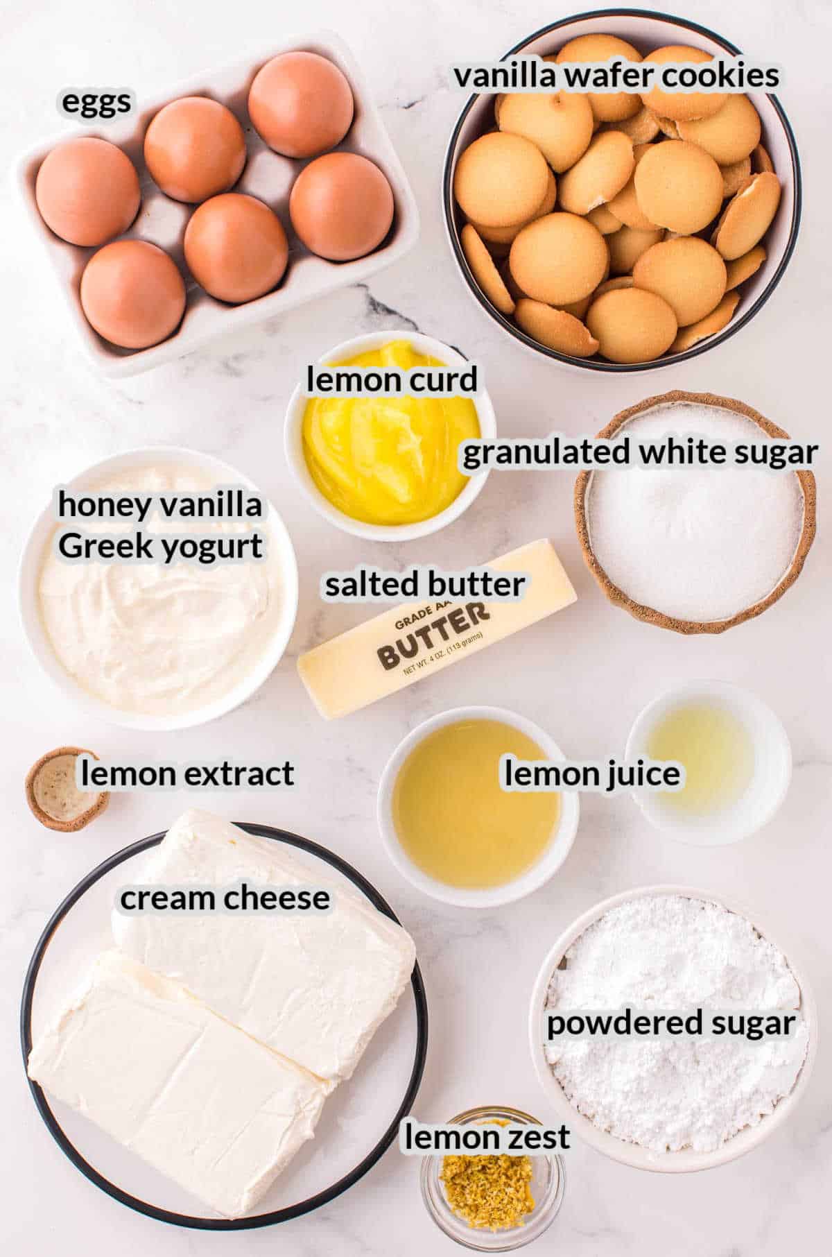 Overhead Image of Lemon Meringue Cheesecake Ingredients