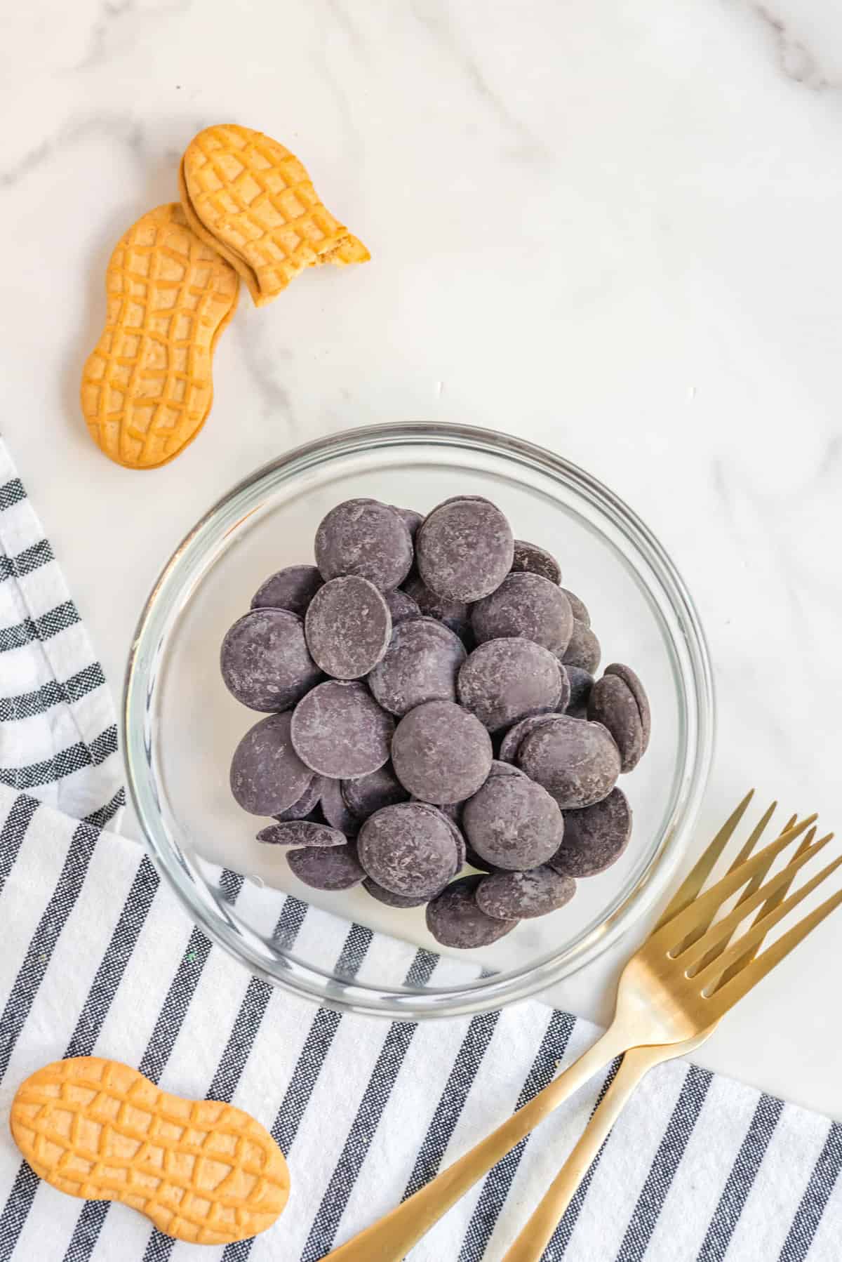 Black Candy Melts in Clear Bowl