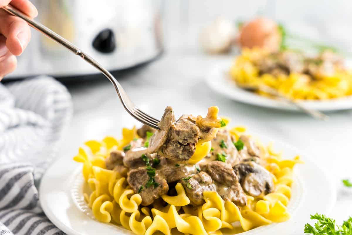 Fork taking a bite out of beef stroganoff