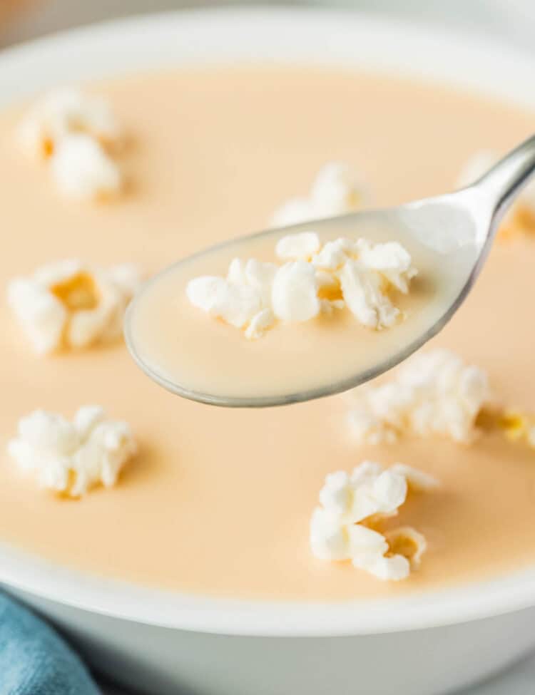 Creamy and Delicious Beer Cheese Soup Topped with Popcorn