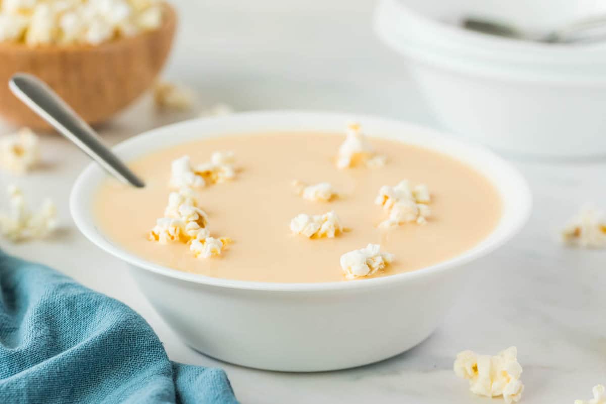 Beer Cheese Soup Recipe Topped with Popcorn