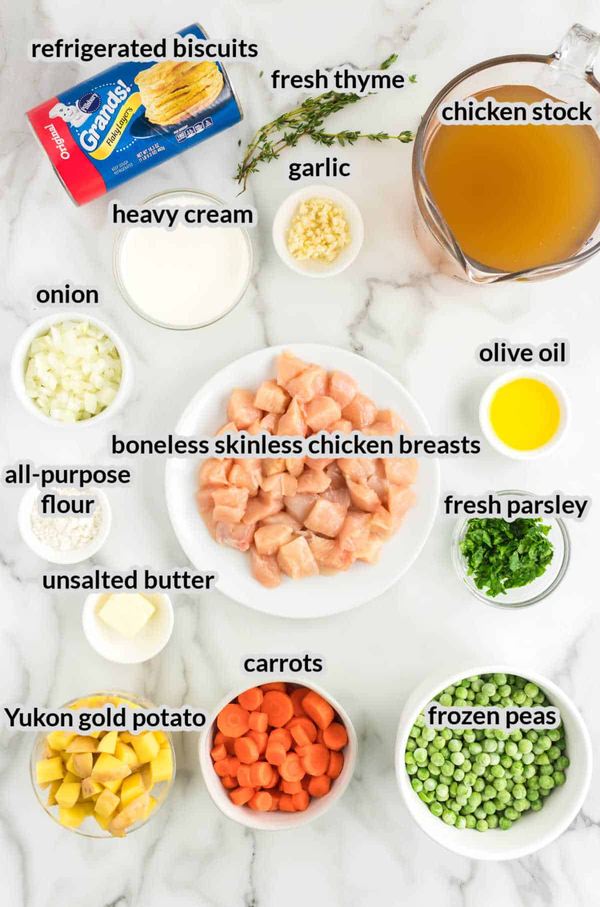 Overhead Image of Chicken Pot Pie Soup Ingredients