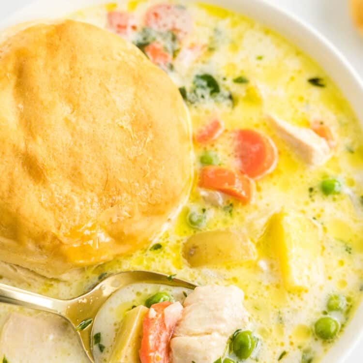 Chicken Pot Pie Soup Recipe with Dinner Biscuit