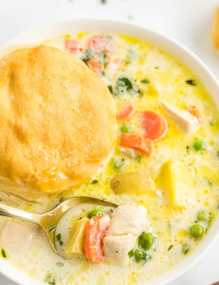 Chicken Pot Pie Soup Recipe with Dinner Biscuit