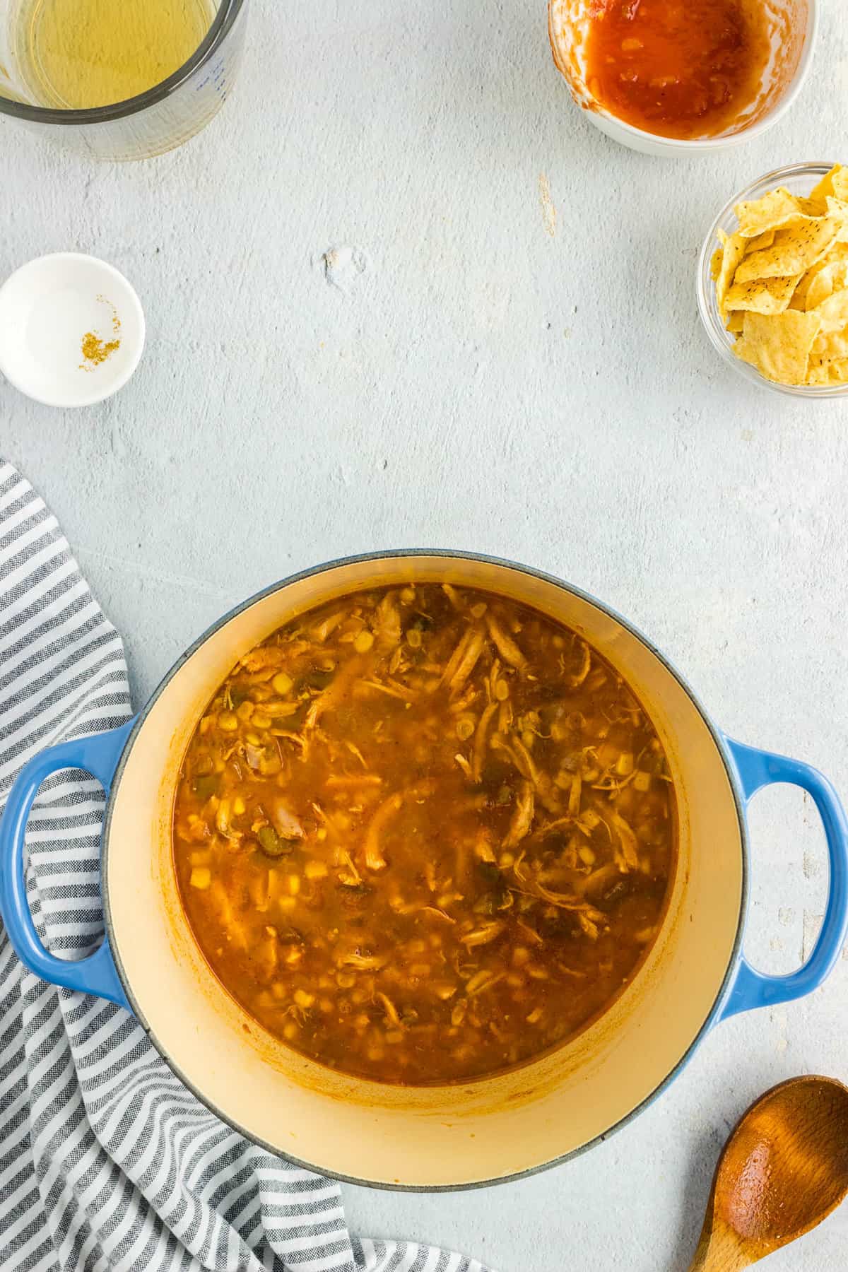 Easy Chicken Tortilla Soup Recipe in Pot Ready to Simmer for 20 Minutes
