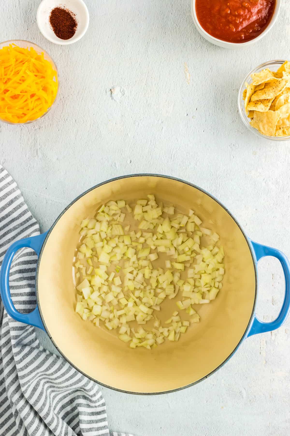 Olive Oil, Garlic & Onion in Pot for Creamy Chicken Tortilla Soup Recipe