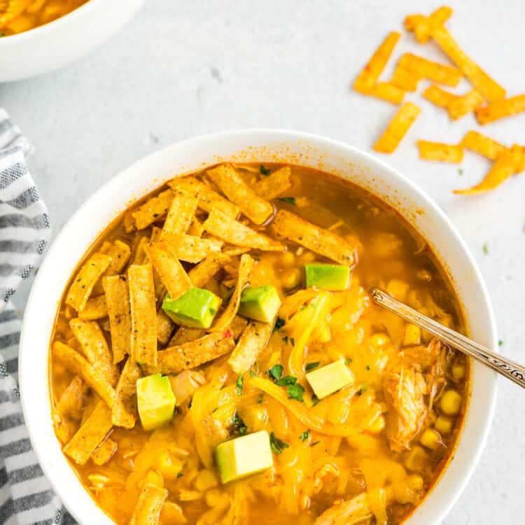 Overhead image of Chicken Tortilla Soup with spoon
